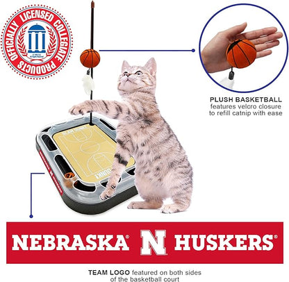 NCAA Nebraska Cornhuskers Basketball Court Cat Scratcher Toy - 6-in-1 Interactive Cat Toy with Catnip-Filled Plush Basketball