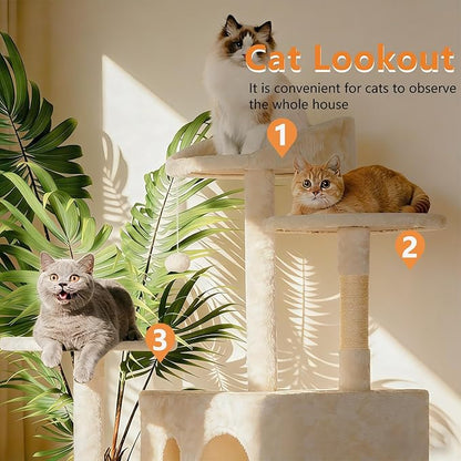 BestPet | 81" Cat Tree Tower | Cream | Sturdy, Easy to Assemble, Multi-Level Activity Center with Sisal Scratching Posts, Condos, Perches, Hanging Cat Toys, Observation Decks & Ladder