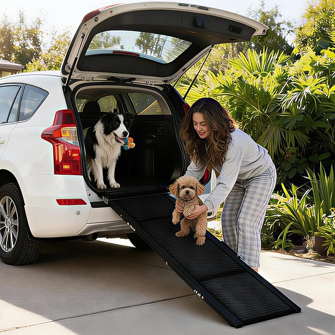 GarveeLife Dog Ramp for Car 71"× 20" Large Folding Pet Stair Ramps for Truck, SUV, with Non-Slip Surface, Up to 250 LBS, Outdoor Dog Car Ramp for Medium & Large Dogs, Portable Pet Steps
