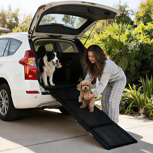 GarveeLife Dog Ramp for Car 71"× 20" Large Folding Pet Stair Ramps for Truck, SUV, with Non-Slip Surface, Up to 250 LBS, Outdoor Dog Car Ramp for Medium & Large Dogs, Portable Pet Steps