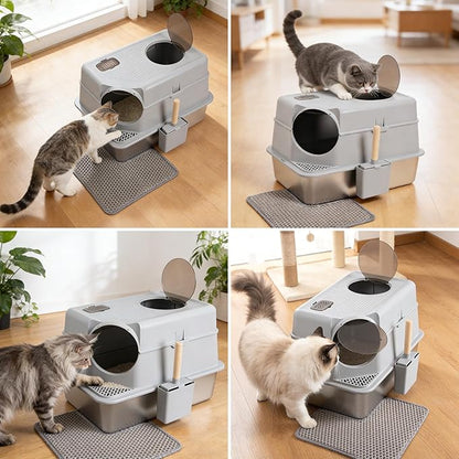 Enclosed Stainless Steel Cat Litter Box with Lid, XL Large Metal Litter Box Stainless Steel, Odor-Free/Anti-Leakage & Non-Stick/Easy Clean, High Sided Litter Box with Mat & Scoop for Big Cats