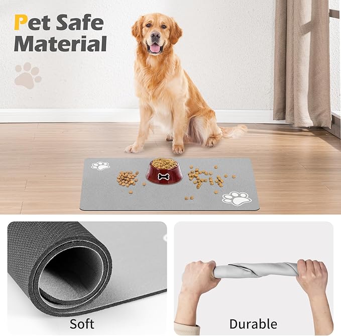 Pet Feeding Mat-Absorbent Dog Mat for Food and Water Bowl-Accessories Pet Supplies-Bowl for Messy Drinkers-No Stains Quick Dry Dog Water Dispenser Mat (17"x28", Light Grey)