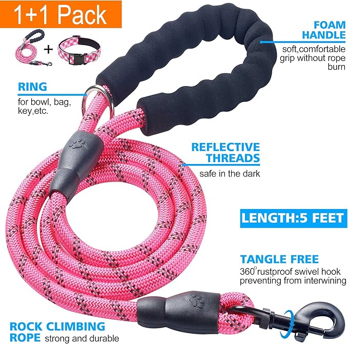 Reflective Dog Collar Padded with Soft Neoprene Breathable Adjustable Nylon Dog Collars for Small Medium Large Dogs (Small (Pack of 1), Pink Plaid Collar+Leash)