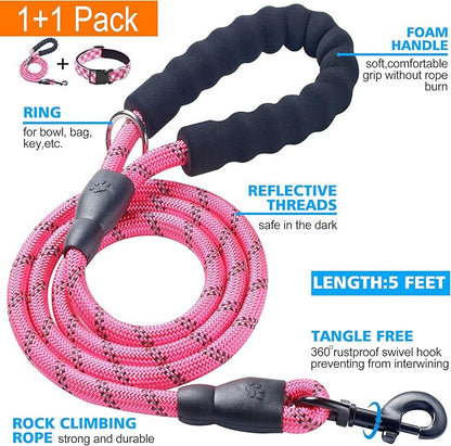 Reflective Dog Collar Padded with Soft Neoprene Breathable Adjustable Nylon Dog Collars for Small Medium Large Dogs (Small (Pack of 1), Pink Plaid Collar+Leash)