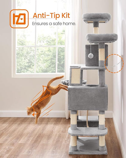 Feandrea Cat Tree, 66.1-Inch Large Cat Tower, Multi-Level Plush Condo with 13 Scratching Posts, 2 Perches, 2 Caves, Basket, Hammock, Pompoms, Light Gray UPCT165W01