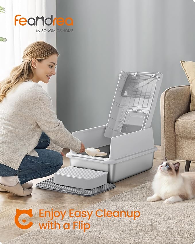 Feandrea Stainless Steel Cat Litter Box with Flip Lid, Litter Catcher Mat and Box, 2 Doors, Scoop, for Cats up to 33 lb, Light Gray UPPT007GD01