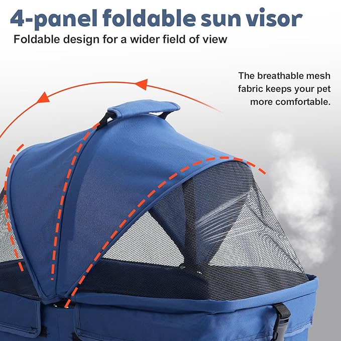 4 Wheels Blue Foldable Pet Stroller with Storage Basket, Cup Holder & Breathable Mesh for Small/Medium Dogs and Cats
