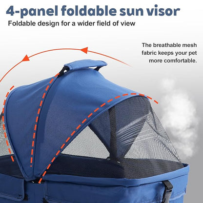 4 Wheels Blue Foldable Pet Stroller with Storage Basket, Cup Holder & Breathable Mesh for Small/Medium Dogs and Cats