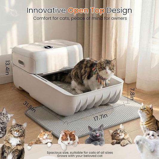 Open Top Self Cleaning Cat Litter Box, Automatic Litter Box for Multiple Cats with APP Control and Safety Protection