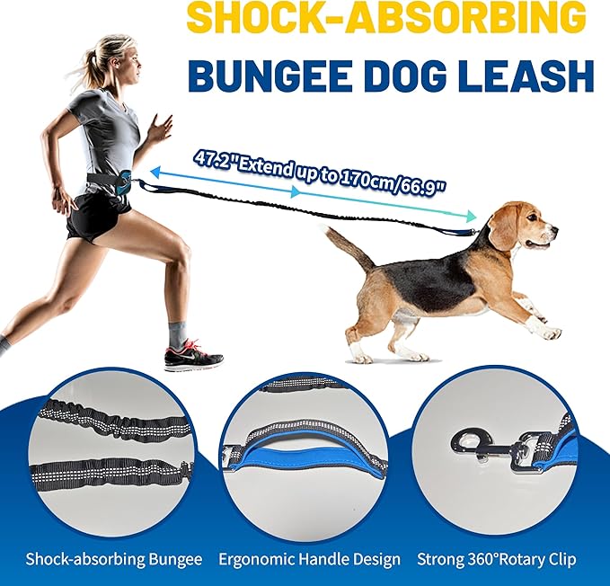 Hands Free Dog Leash with Pouch,Adjustable Waist Running Leash with Water Bottle Holder,Dual Padded Handles and Retractable Bungee for Walking Jogging Training Hiking (Blue)