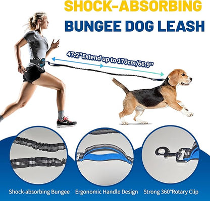Hands Free Dog Leash with Pouch,Adjustable Waist Running Leash with Water Bottle Holder,Dual Padded Handles and Retractable Bungee for Walking Jogging Training Hiking (Blue)