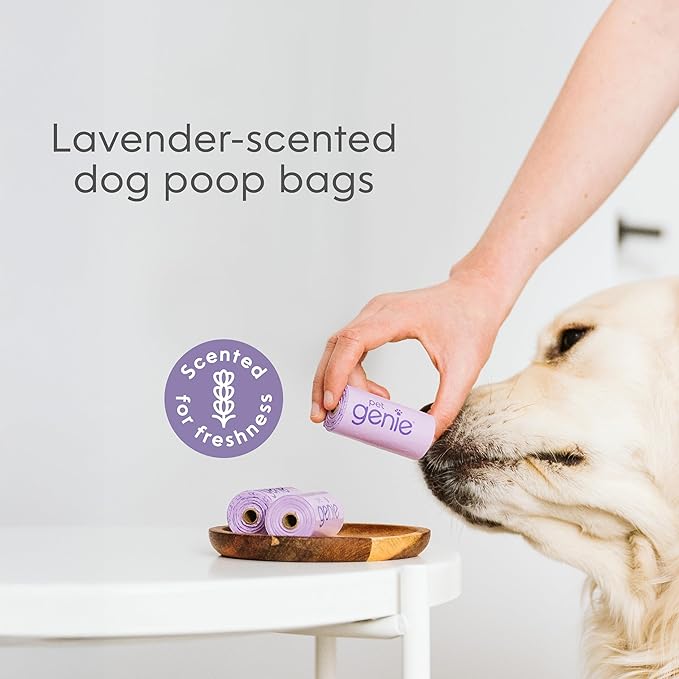 Pet Genie, Dog Poop Bags Rolls Scented, Extra Strong & Leak-Proof for Dogs, Lavender Scented, Easy Tear Pet Waste Bags, Made from 65% Recycled Plastic, 8 Rolls (120 Count)