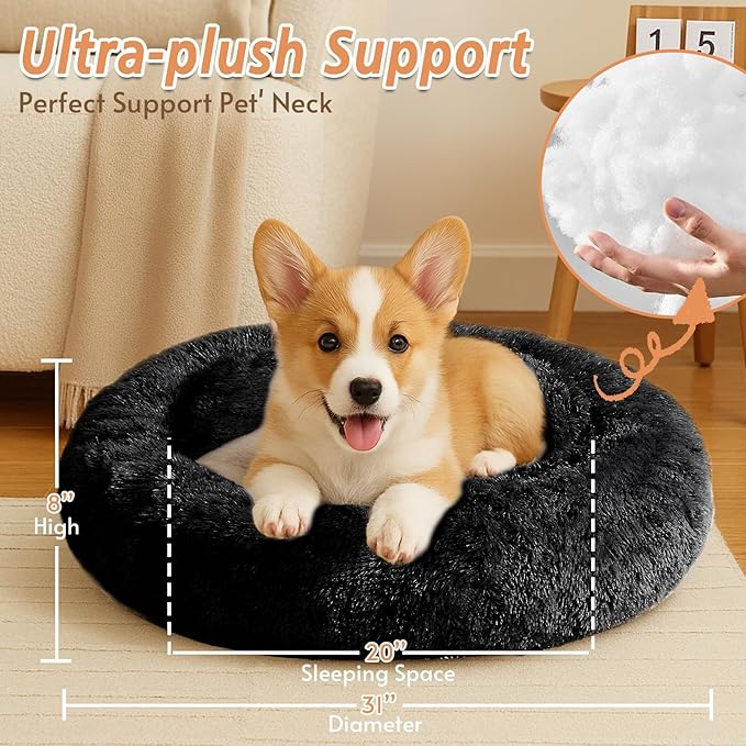 JOLLYVOGUE Calming Dog Bed Medium Size Dog, 31in Donut Washable Medium Pet Bed, Anti-Slip & Anti-Anxiety Fluffy Faux Fur Round Dogs Bed, Fits up to 45 lbs Pets (Black)