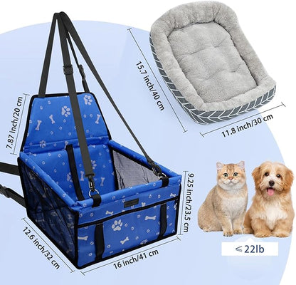PetsHome Dog Car Seat Foldable Dog Car Booster Seat Waterproof Breathable Oxford Travel Bag for Small to Medium Dogs, Puppies, and Pets-Pattern Blue+Mat