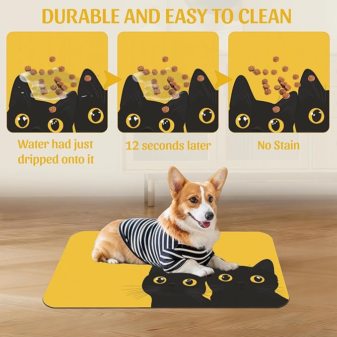 Cute Black Cat Peeking Pet Bowl Mat, Absorbent Placemat for Food and Water, Waterproof Non-Slip Rubber Base – 12x20 Inch