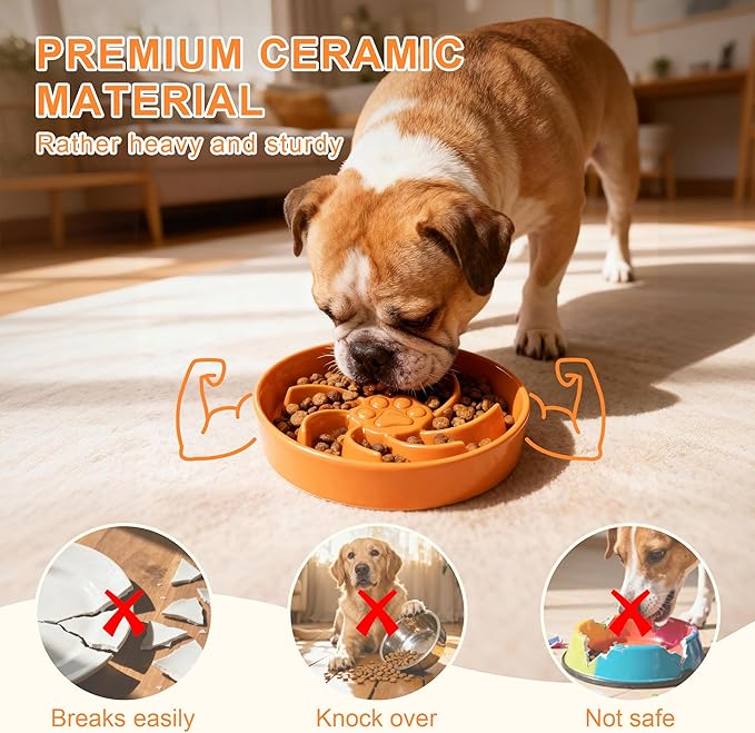 Ceramic Slow Feeder Dog Bowl, 1.5 Cup Dog Food or 20oz Water, Slow Eating Bowl for Small Breed, Maze Puzzle Feeder for Fast Eaters, Anti-Choking Stop Bloat, Non-Slip BPA Free (Orange)