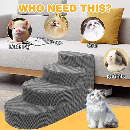 Dog Stairs for Small Dogs, Foam Steps for Small Dogs & Cats, 4 Steps Dog Ramp for High Beds, Couch, Window, Sofa, Pet Stairs with Removable Washable Cover, Non-Slip Sturdy Pet Steps, Gray