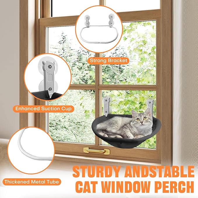 Homegroove Cat Window Perch, 18 x 12 Inch Foldable Cat Hammock for Window with Sturdy Metal Frame, Breathable Cordless Window Bed for Resting Seat for Indoor Cats (Black, 18 x 12 Inch)