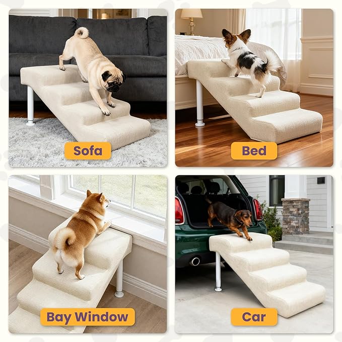 Leather Dog Stairs, 19.7" Extra Wide Dog Steps for Bed & Sofa, Adjustable Height 13.78"-17.32” Pet Ramp for Small to Large Dogs, Holds Up to 150 lbs（4-Step）