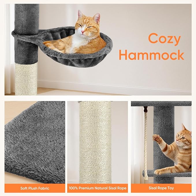 Cat Tree 5-Tier Floor to Ceiling Cat Tower with Cozy Hammock, 89-109 Inch Adjustable Height Sisal Scratching Post, Provides Vertical Enrichment for Jumping & Climbing, Darkgrey
