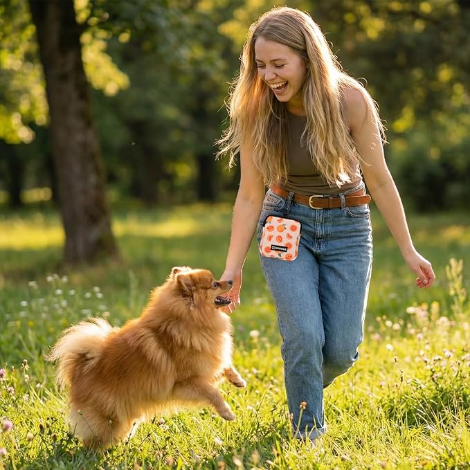 Dog Treat Pouch with Training Clicker,Waterproof Nylon Fabric Poop Bag Holders for Leashes,Hands Free Small Dog Walking Bag with Carabiner, Pet Puppy Training Walking Essentials(Grapefruit)