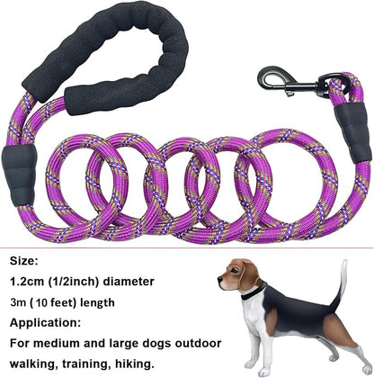 MayPaw Heavy Duty Rope Dog Leash, 6/8/10/15/20/30FT Long Nylon Pet Leash, Soft Padded Handle Thick Lead Leashes for Large Medium Dogs (Purple, 1/2" * 10')