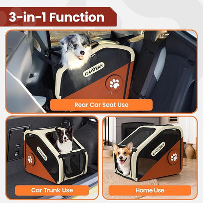 Collapsible Dog Crate for Travel, Portable Pet Crate for Small & Large Dogs, Soft-Sided Car Kennel with Heavy-Duty Metal Frame, Mesh Windows, Feeding/Comfort Access for Backseat Trunk Brown