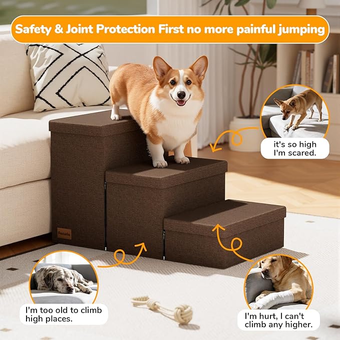 3-Step Wide Dog Stairs with Storage 18" H, Non-Slip Sturdy Pet Steps for High Bed Couch Window, Pet Stairs for Small/Medium/Large Old Dogs Cats Up to 200lbs, Cat Dog Steps for Car/SUV, Coffee