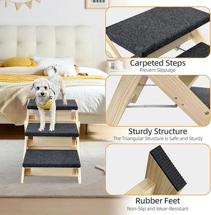 Dog Stairs/Ramp for Bed, Wooden 2-in-1 Foldable Pet Stairs & Ramp, Portable Dog Ladder Up to 180 Pound for Elderly/Short-Legged Dogs, 3 Steps for Beds, Couch, Cars