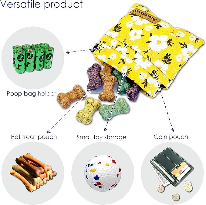Raisingwell Dog Treat Pouch, Pocket Sized Pet Training Pouch, Cotton Fabric, Hand Free Yellow Flower Dog Walking Bag with Carabiner, Self-Closing Pet Feed Snack Reward, for Puppy Travel or Outdoor Use