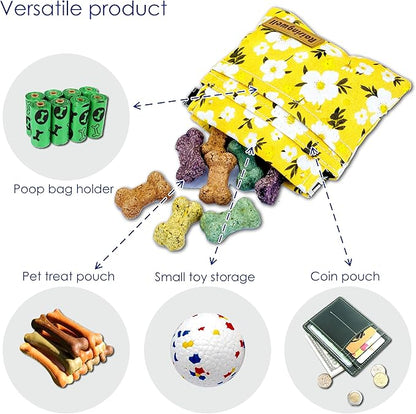 Raisingwell Dog Treat Pouch, Pocket Sized Pet Training Pouch, Cotton Fabric, Hand Free Yellow Flower Dog Walking Bag with Carabiner, Self-Closing Pet Feed Snack Reward, for Puppy Travel or Outdoor Use