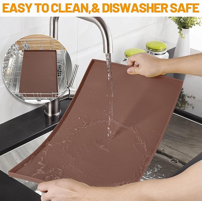 Hubulk Dog Feeding Mat,100% Waterproof Food Grade Silicone Pet Food and Water Bowl Placemat,Dishwasher, High Raised Edge to Prevent Spills,Nonslip Tray to Stop Messes on Floor（24"x16"x0.5", Brown）