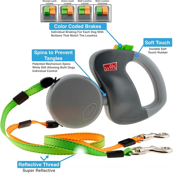 WIGZI - 2025 Enhanced Edition - Dual (2) Dog Retractable Leash, Auto-Untangles, Supports Up To 50lb Dogs, 10ft Distance Each Dog, Color-Coded Control, Reflective Leads, Waterproof, Gray Color