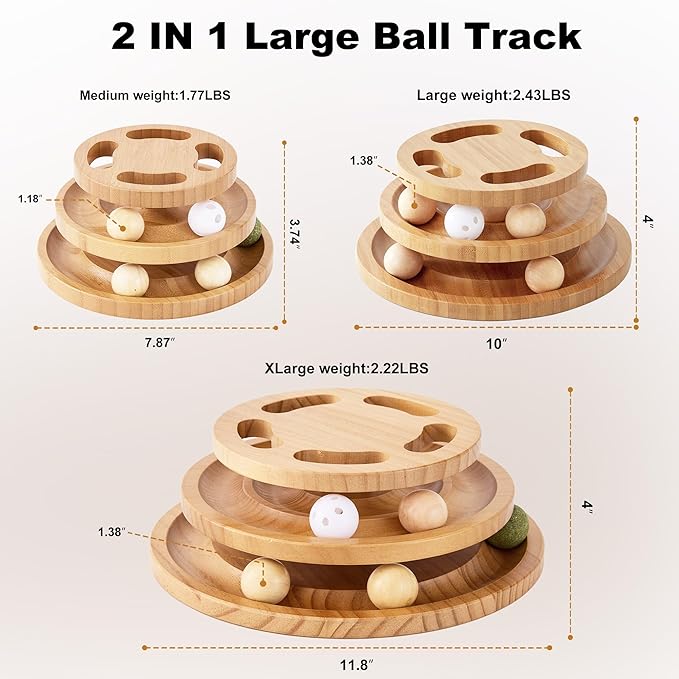Cat Ball Track Toy with Puzzle Top, Extra Large Wooden Cat Toys for Indoor Cats with Spinning Balls, Interactive Cat Ball Tower for Kitten Exercise Mental Physical