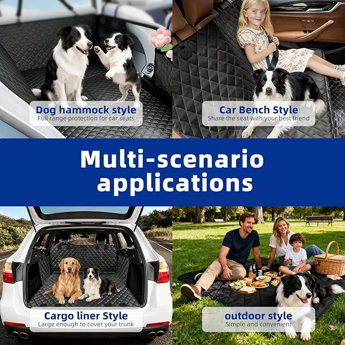 Dog Car Seat Cover for Back Seat, Waterproof Heavy Duty Wear-Resistant Dog Seat Cover, Non-Slip Dog Hammock & Bench Style with Alloy Clips for Cars SUVs Trucks, Medium & Large Dogs