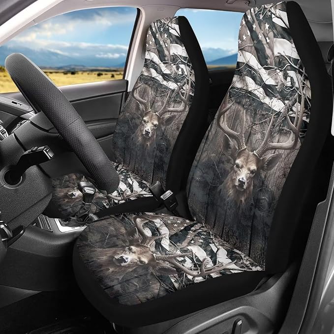 Car Seat Covers 2 Pcs, Waterproof Universal Camo American Flag Deer Hunter Front Seat Protector, Easy Installation Car Interior Accessories Universal for Cars Truck SUV Van