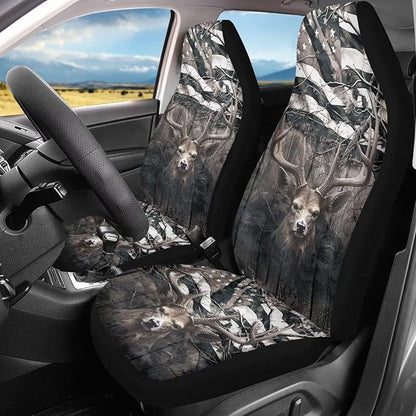 Car Seat Covers 2 Pcs, Waterproof Universal Camo American Flag Deer Hunter Front Seat Protector, Easy Installation Car Interior Accessories Universal for Cars Truck SUV Van