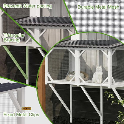 Cat Window Box Catio Outdoor Pet Patio with Bug Proof Net for Sunbathing, Napping＆Bird Watching Cat Outside Enclosure no Drill Window Perch for Indoor Cats for Apartments, Grey/White (White)