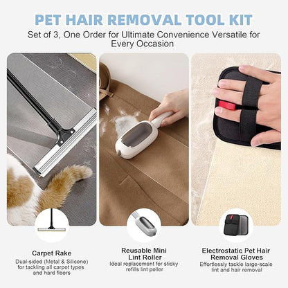Pet Hair Removal Tool, 3 in 1 Cat Dog Hair Removar Set Including 50" Carpet Rake, Reusable Lint Roller and Static Pet Hair Removal Glove for Rugs,Carpet,Couch,Floors,Furniture,Clothes