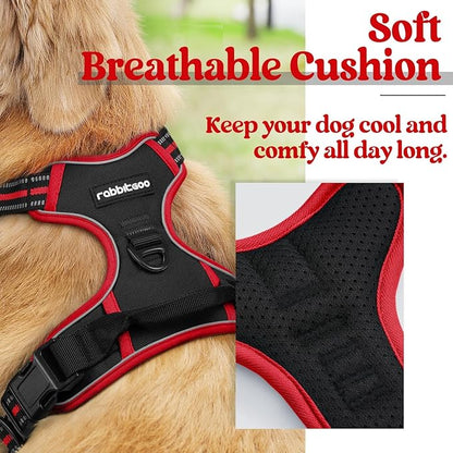 rabbitgoo Dog Harness No Pull with 2 Leash Clips, Adjustable Soft Padded, Reflective Oxford No Choke Pet Vest with Easy Control Handle for Large Dogs, Black & Red, L