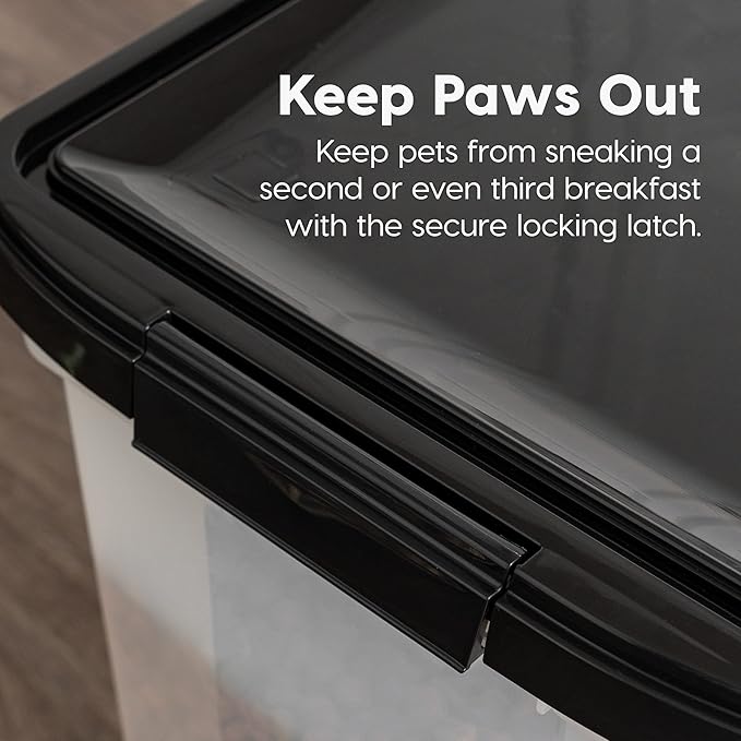 IRIS USA Airtight Dog Food Storage Container, WeatherPro, Up to 50 lbs, Removable Wheels, for Dog Cat Bird and Other Pet Food Storage Bin, Keep Fresh, Translucent Body, Made in USA, Clear/Black