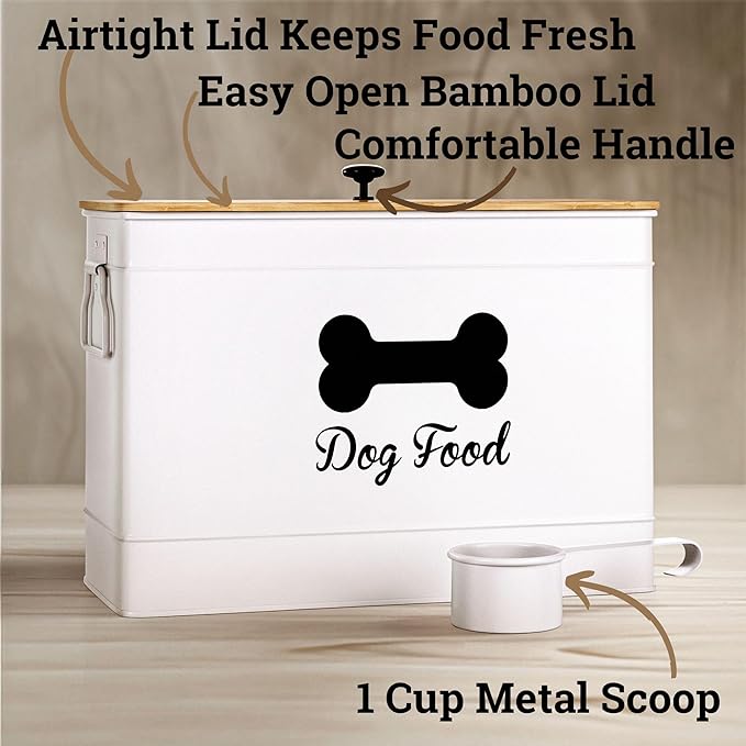 Dog Food Container Airtight 15 lb (50 Cup) Capacity with Metal Scoop - Cute Airtight Dog Food Storage Container with Bamboo Lid - White Metal Kibble Storage Bin for Dogs up to 100 lbs - Big Pet Jar