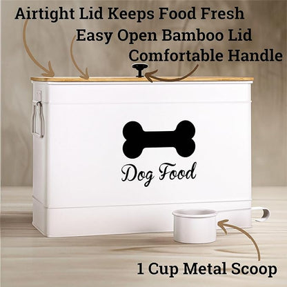 Dog Food Container Airtight 15 lb (50 Cup) Capacity with Metal Scoop - Cute Airtight Dog Food Storage Container with Bamboo Lid - White Metal Kibble Storage Bin for Dogs up to 100 lbs - Big Pet Jar
