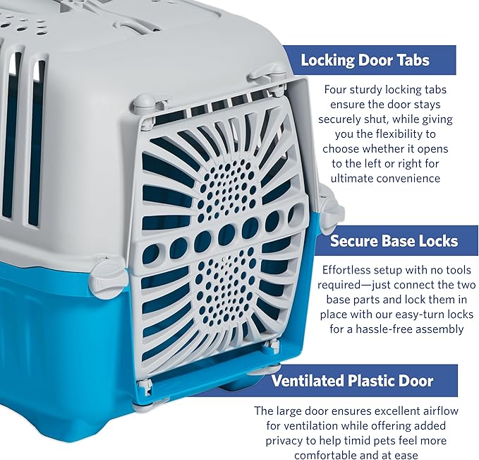 MidWest Homes for Pets Spree Travel Carrier - Hard-Sided Dog & Cat Carrier, Small Pet Travel Crate with Handle, Ventilated Design, Durable Plastic Door, Easy Assembly, 19-Inch, Blue