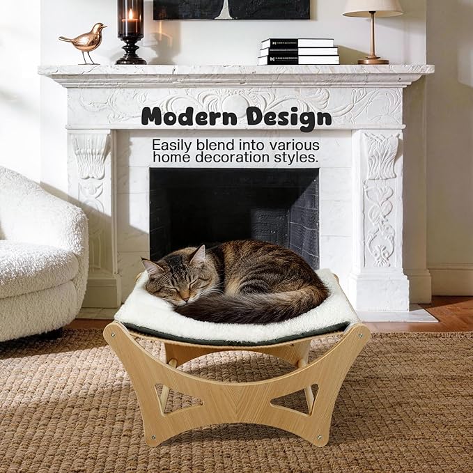 Cat Hammock Bed, Wooden Elevated Cat Beds with Natural Sisal Scratching Mat, Cats Scratcher Bed with Removable Soft Cushion, Cats Scratching Beds with Wood Frames, 22" L x 17.7" W