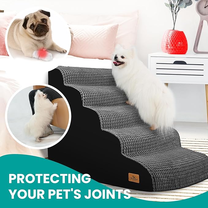 Dog Srairs for Small Medium Dogs, 5-Step Pet Stairs for High Beds and Couch, Foam Dog Ramp with Durable Non-Slip Waterproof Fabric Cover, Grey Pet Stairs for Pets Joints