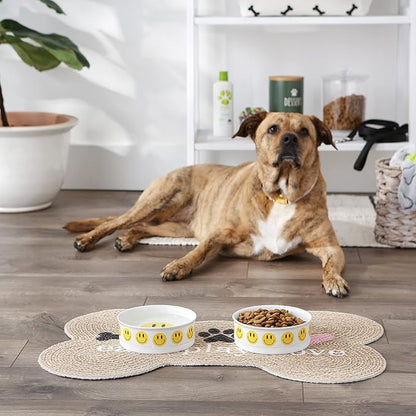 Bone Dry Ceramic Food Bowls, Non-Slip & Dishwasher Safe, Medium Set, 6x2, Smiley Face, 2 Count
