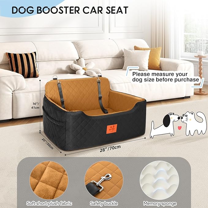 GL GLENSLAVE Dog Car Seat for Medium/Large Dogs,Pet Booster Car Seats for Under 50lbs or 2 Small Dogs, Detachable and Washable Pet Bed,Multi-Functional Travel Dog Bed(Black/Brown)