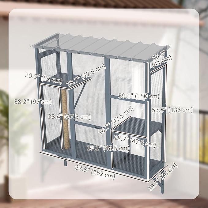 PawHut Outdoor Catio, Cat Window Catio Box Enclosure for 2-3 Large Indoor Cats with 2 Jumping Platforms, Scratching Post, for Playing, Sunbathing, Napping, Cat Window Perch for Enjoying Sights, Gray