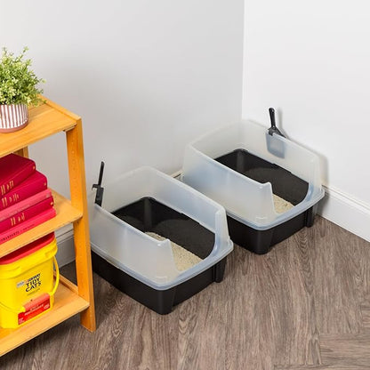 IRIS USA Large Open Top Cat Litter Box with High Sided Walls Tall Scatter Shield Scoop Included Easy Clean Plastic Pan Stain Resistant for Cats Kittens Indoor Multi-Cat Households 2-Pack Black